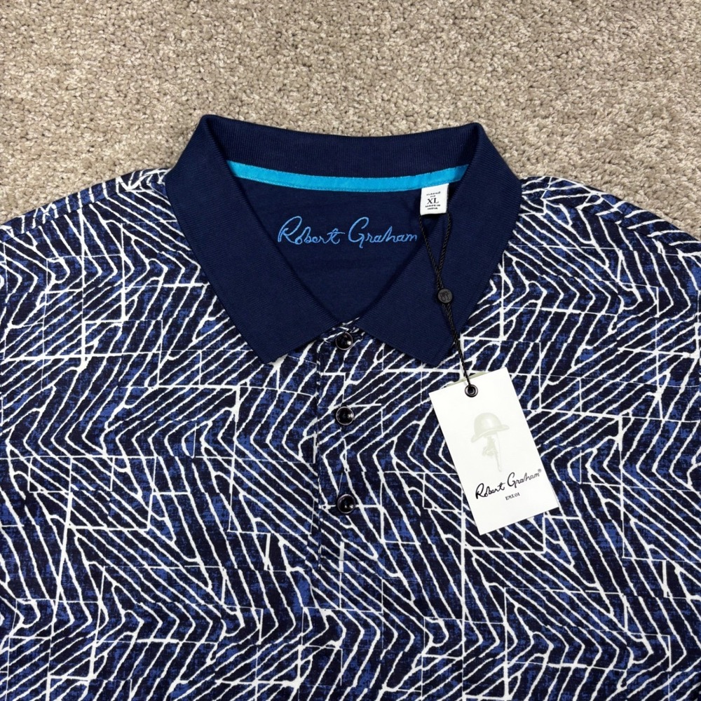 Robert Graham Denhart Blue Geometric Abstract Polo Shirt Mens XL NWT Classic Fit